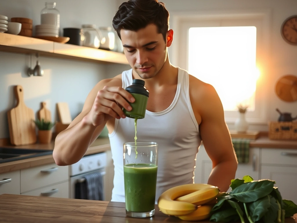 Man preparing morning nutrition supplement