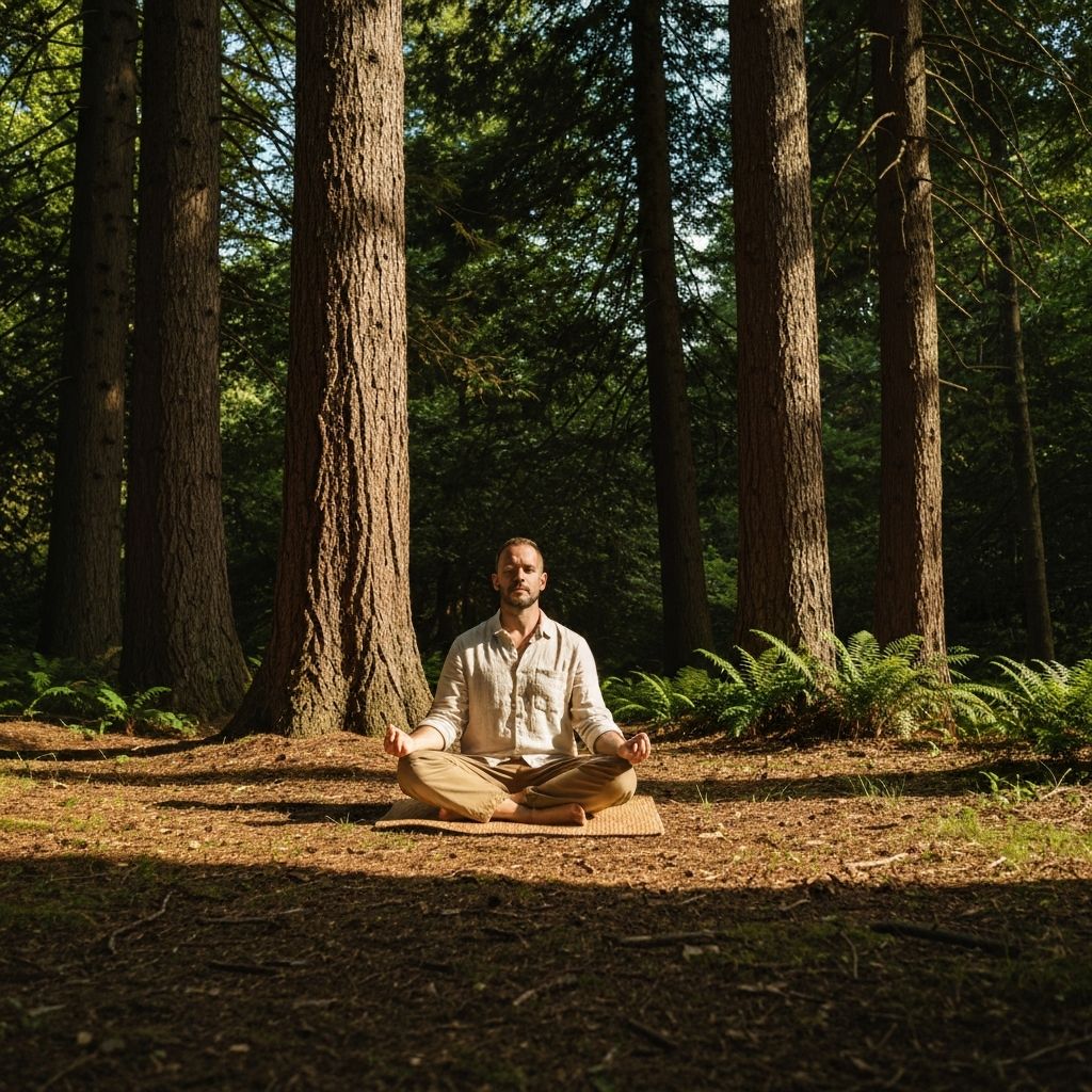 Man meditating in nature with deep shadows and warm light