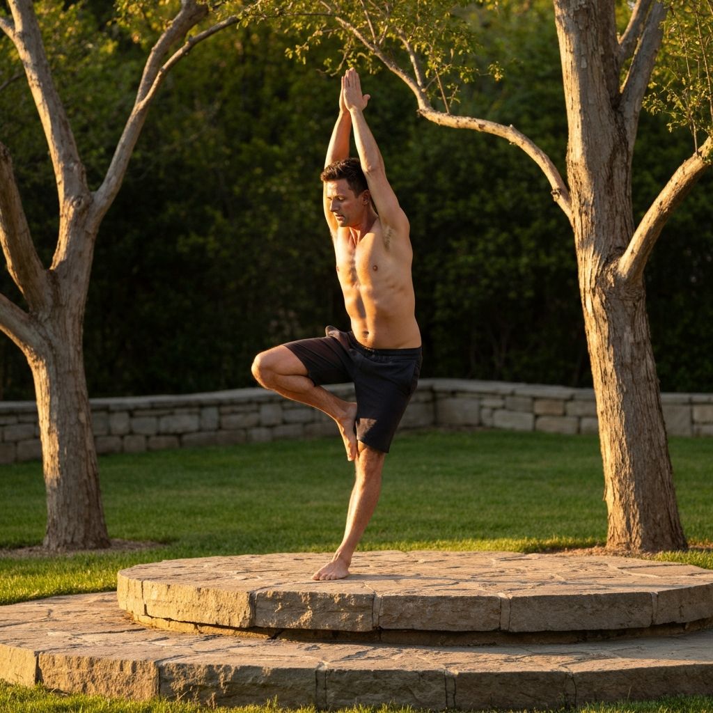 Man practicing yoga outdoors with balanced pose and warm light