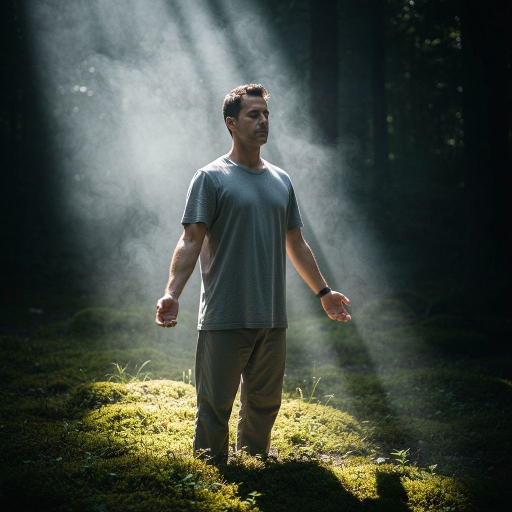 Man practicing breathing exercises in nature with peaceful focus