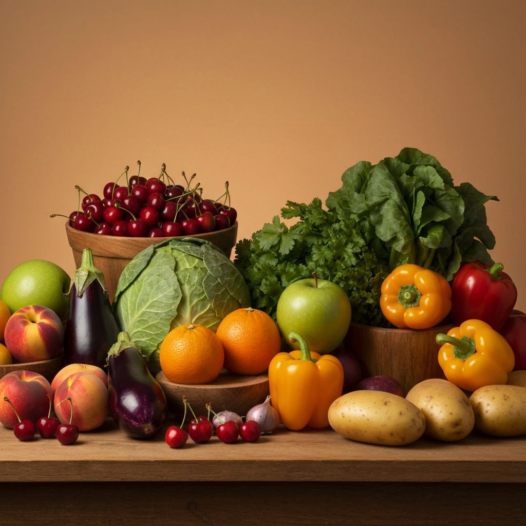 Healthy nutrition with fresh vegetables and fruits on rustic table